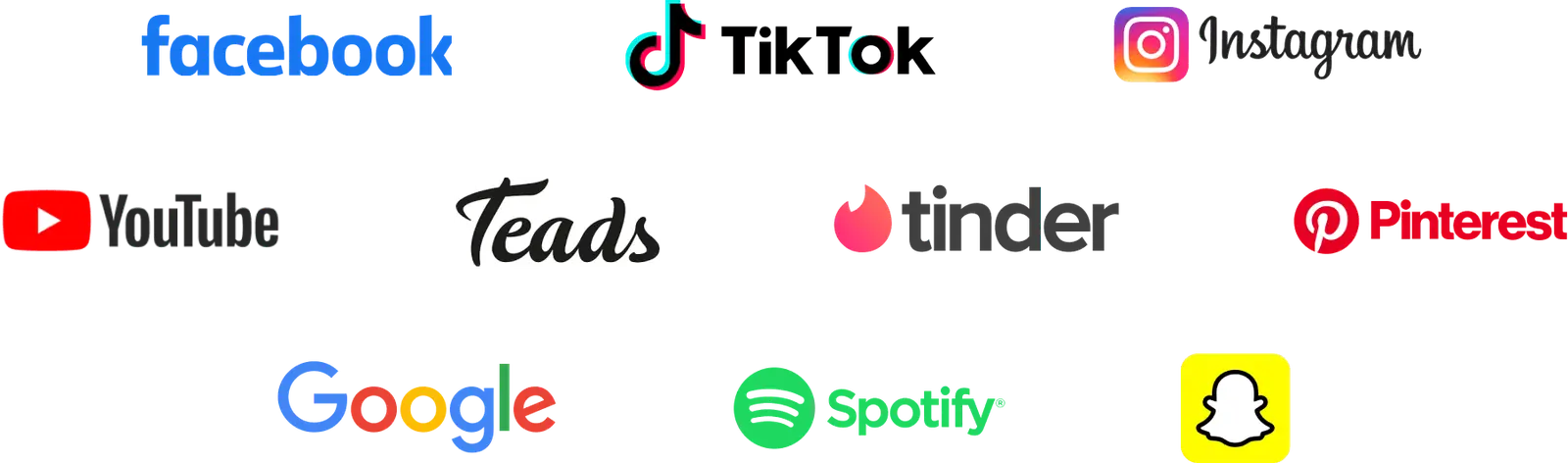 Our activations include Facebook, Tiktok, Instagram, Teads, Tinder, Google, Youtube, Pinterest, Snapchat, Spotify and many more